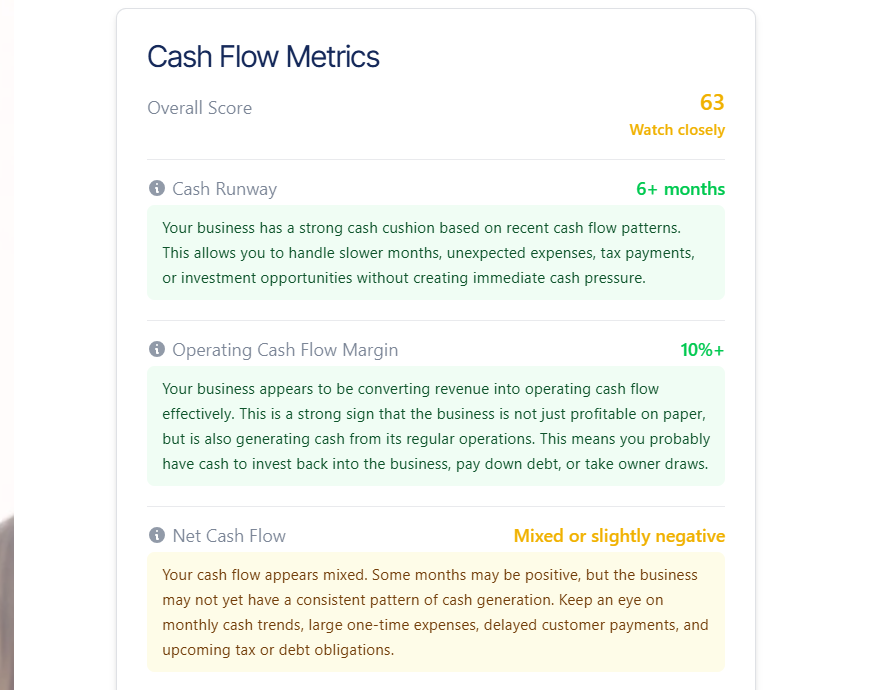 Example Cash Flow Health Check showing an overall score with cash runway, operating cash flow margin and net cash flow results